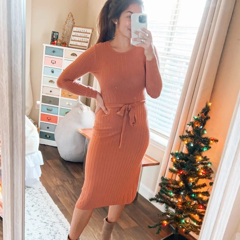 (btq) rust red ribbed long sleeve bodycon tie waist knit midi dress women’s sz M - Picture 2 of 10